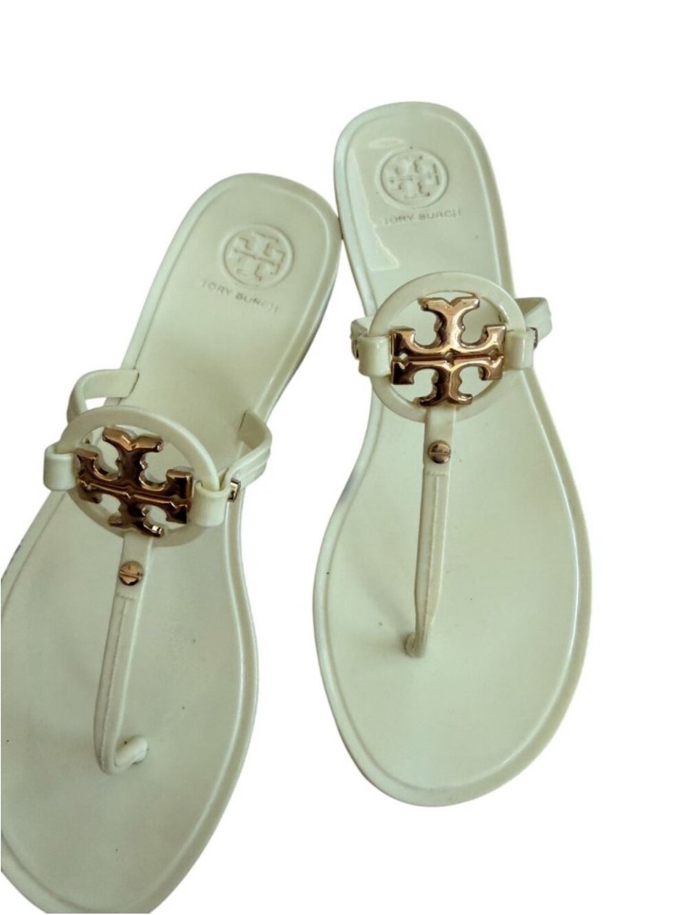 Tory Burch Cream Jelly Thong Sandals with Gold Logo Hardware